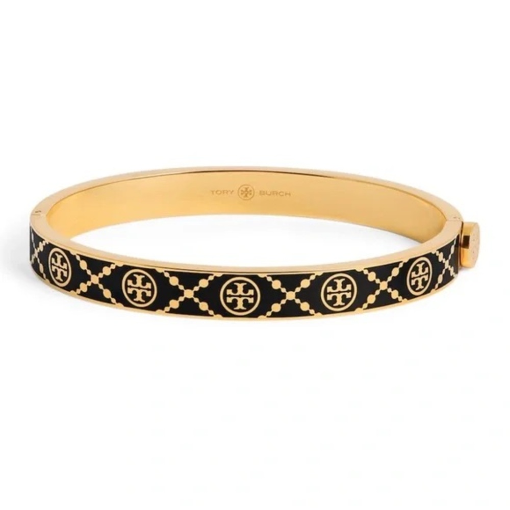 TORY BURCH • Black Double T Monogram Hinge Bangle Bracelet Includes Pouch